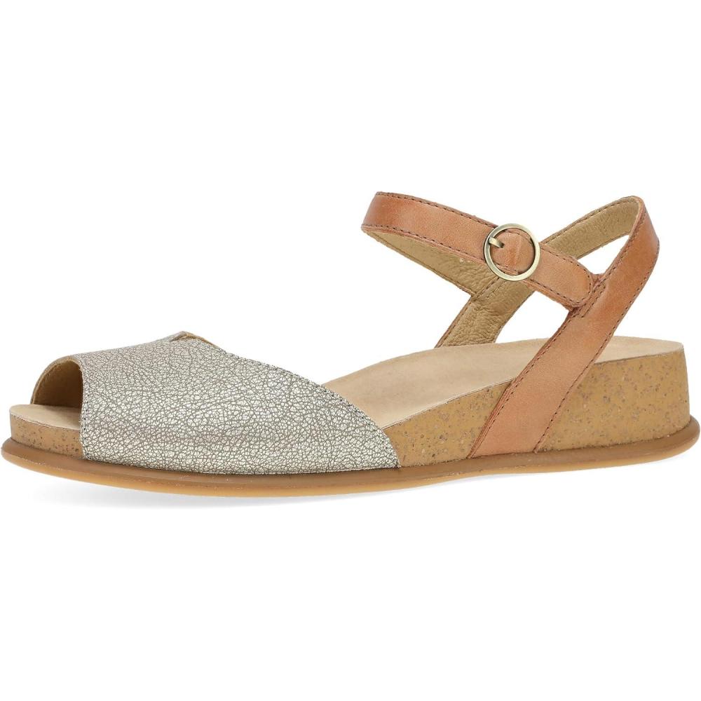 imageDansko Cass PeepToe Wedge Sandal for Women Low Profile Wedge with Arch Support Adjustable Fit for Walking ComfortPlatinoTan