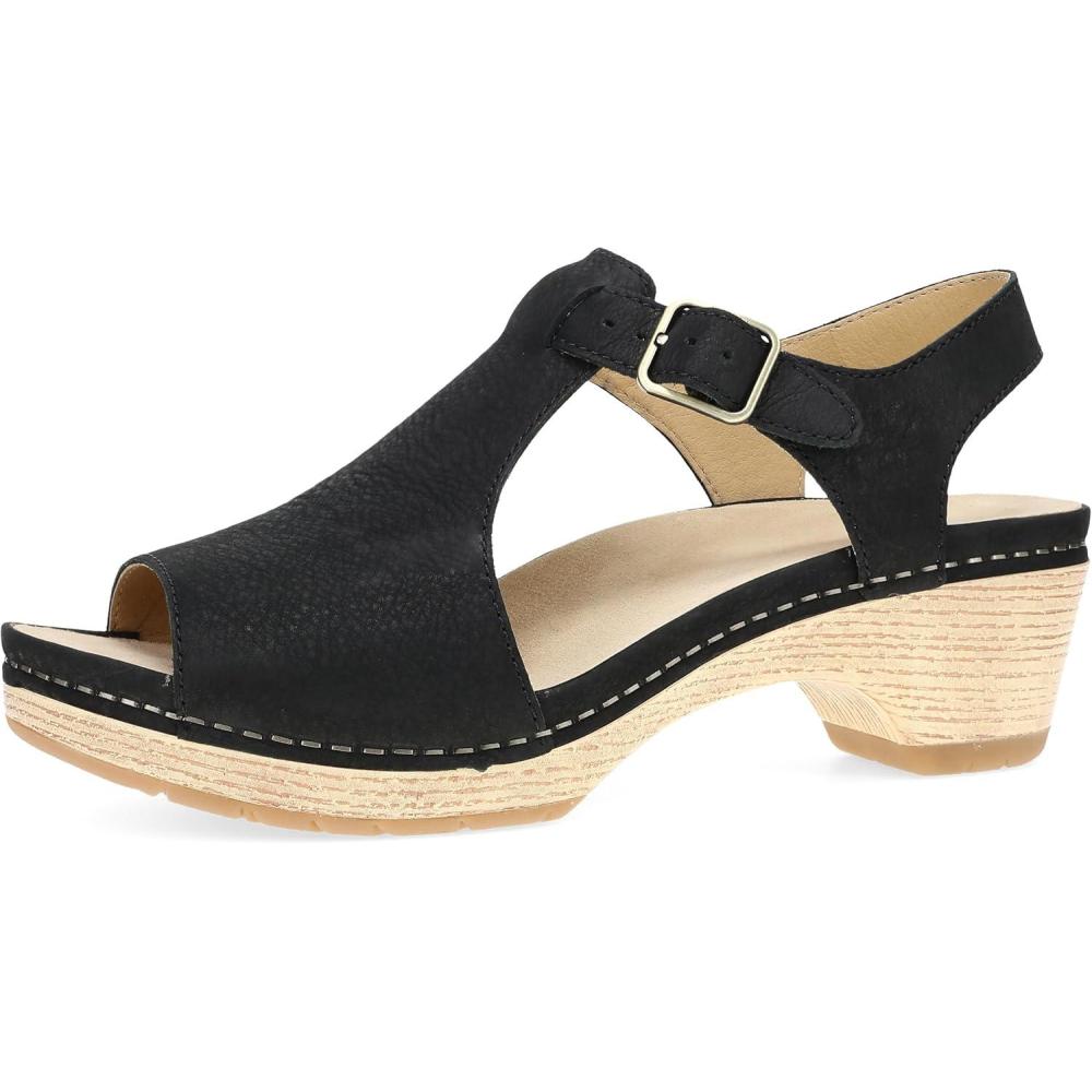 imageDansko Laverne PeepToe Sandals for Women TStrap Design with Stain Resistant Nubuck LeathersBlack