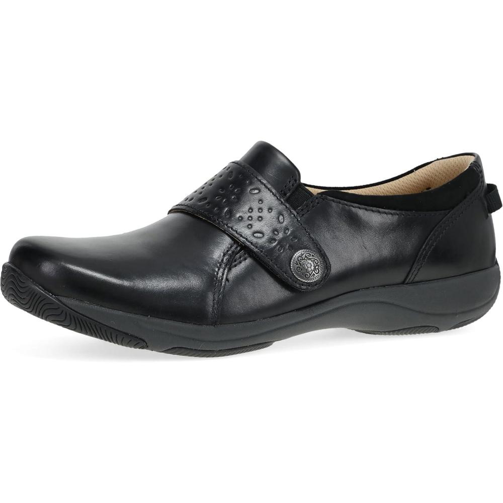 imageDansko Sallie Womens Comfort Shoe Padded Leather Upper Adjustable Hook and Loop Vamp Comfort Foam Footbed with Arch Support Slip Resistant OutsoleBlack