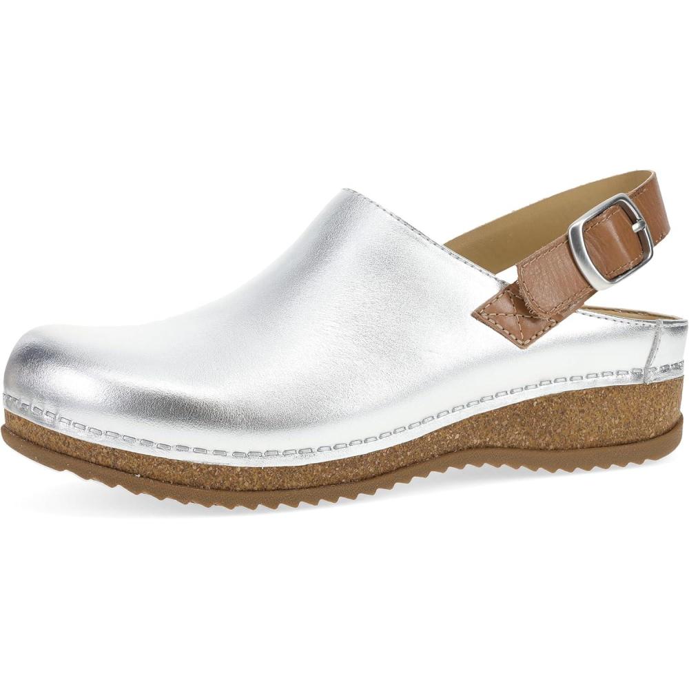 imageDansko Womens Merrin SlingBack Mule ClogDual Density CorkEVA Midsole and Lightweight Rubber Outsole Provide a Comfortable Ride on Patented Stapled ConstructionSilver Metallic